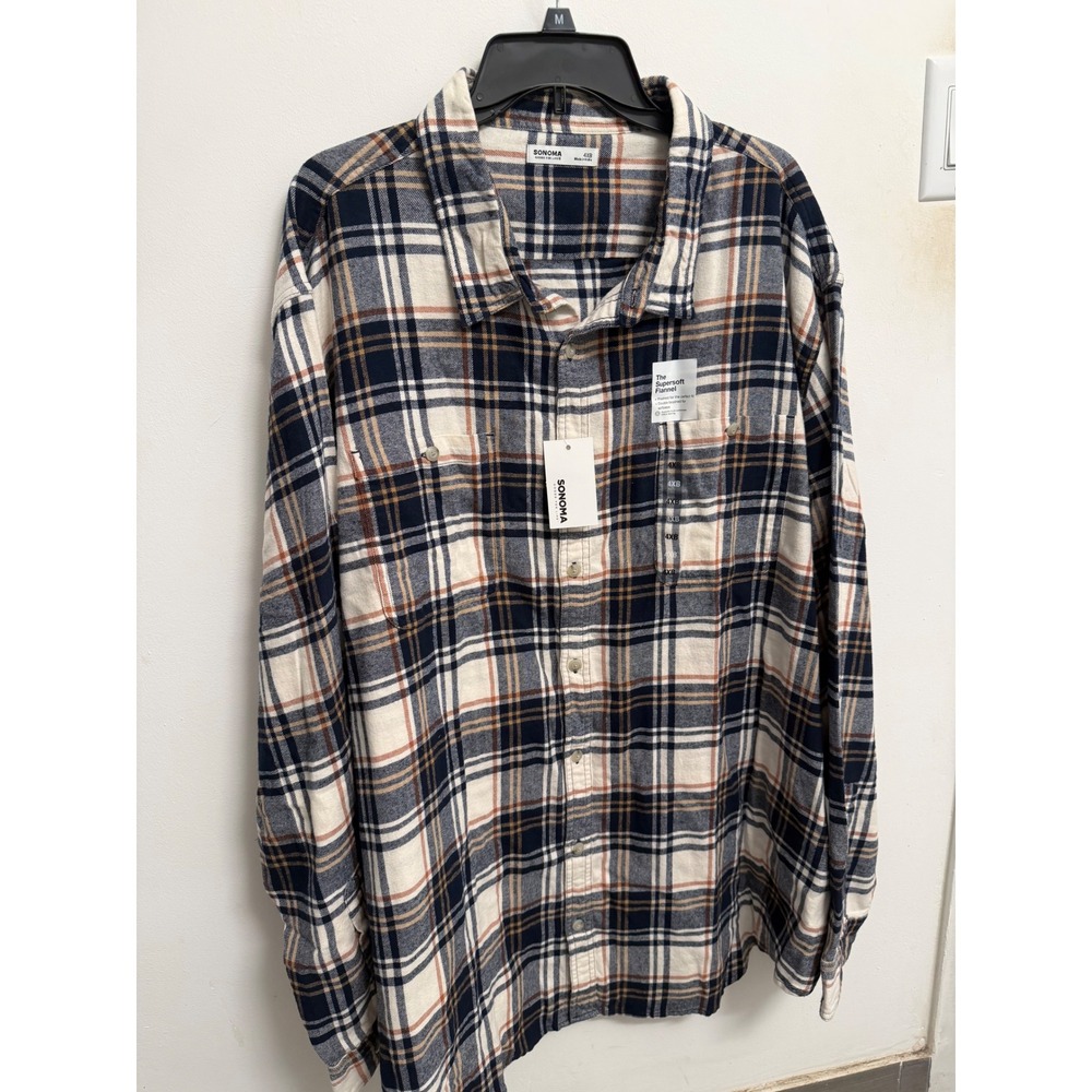 Sonoma Goods For Life Mens 4XB Supersoft Flannel Plaid Button Down Shirt Navy